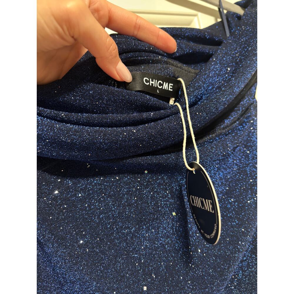 CHICME Women's Navy Blue Glitter Off Shoulder Ruffle Mini Dress Size L - Picture 6 of 7